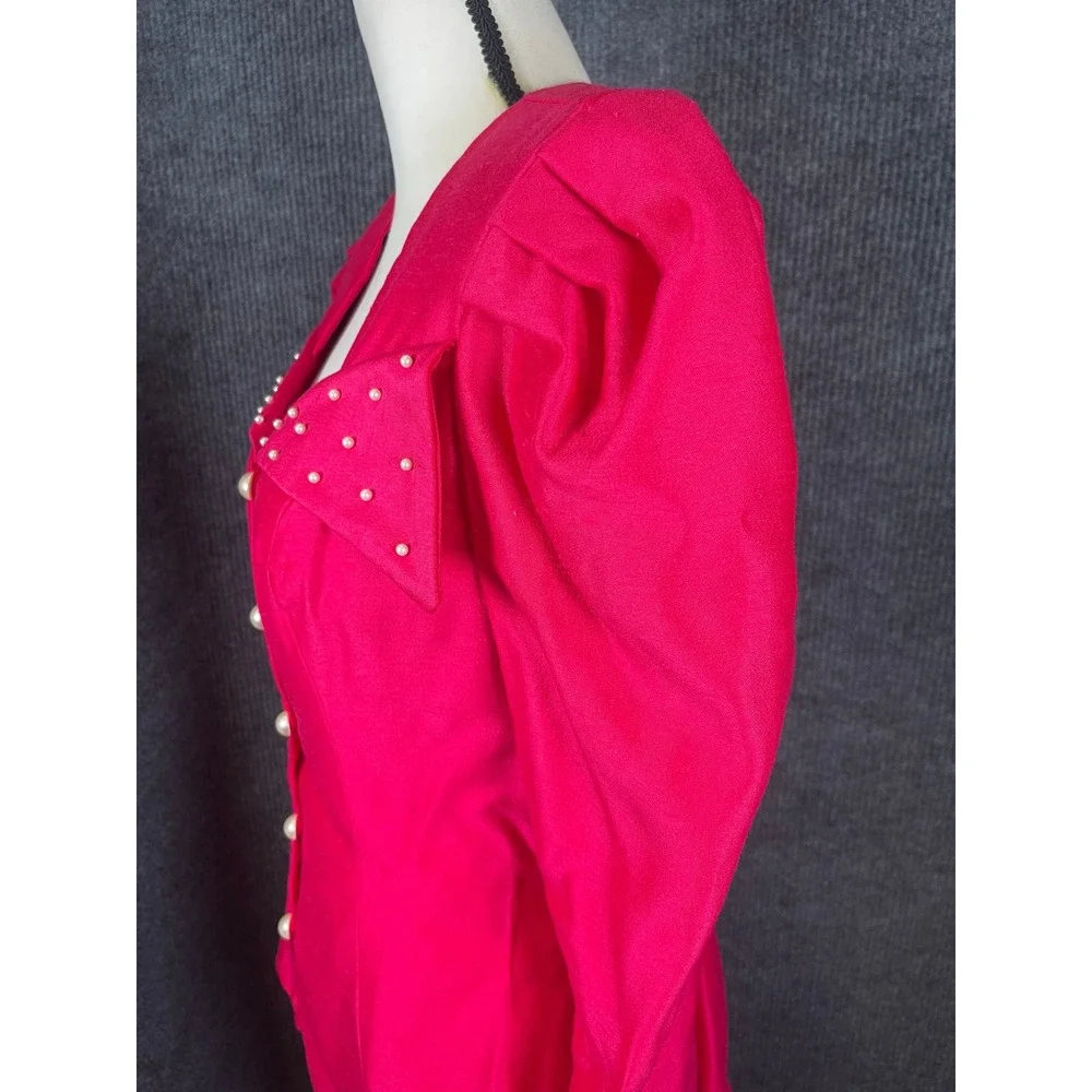 Vintage 80s Hot Pink Maxi Skirt Suit Set S/M Hot Pink Pearl Puff Sleeve USA Glam